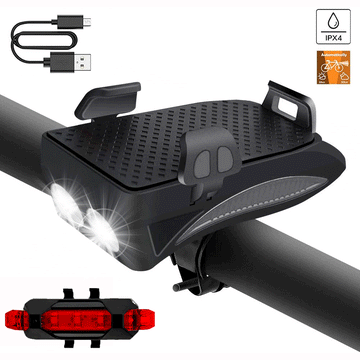 Bike Light Set, 2Led USB Rechargeable Bike Light Phone Mount with Tail Light for Night Riding