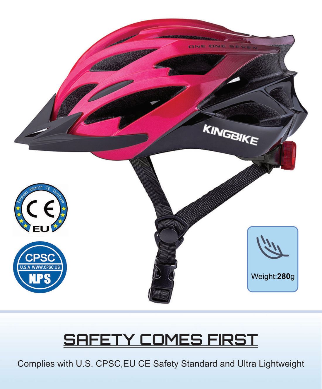L117 Road Bike Helmet Mens Womens Bicycle Cyling Helmets Lightweight with Rear Safety Light Removable Visor (Red, L(56-61CM))