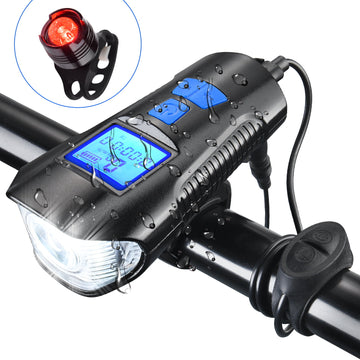 Bike Light Set Rechargeable Bike Headlight with 4 Lighting Modes - Bracket Waterproof Bicycle Front Light & Tail Light with Speedometer Odometer & Bell Controller