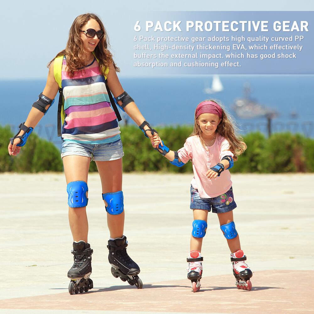 QUANFENG QF 6 PCS Youth Teen Protective Gear Set Bike Knee Pads and Elbow Pads w/ Wrist Guards for Skate Cycling Sports (L/Blue)