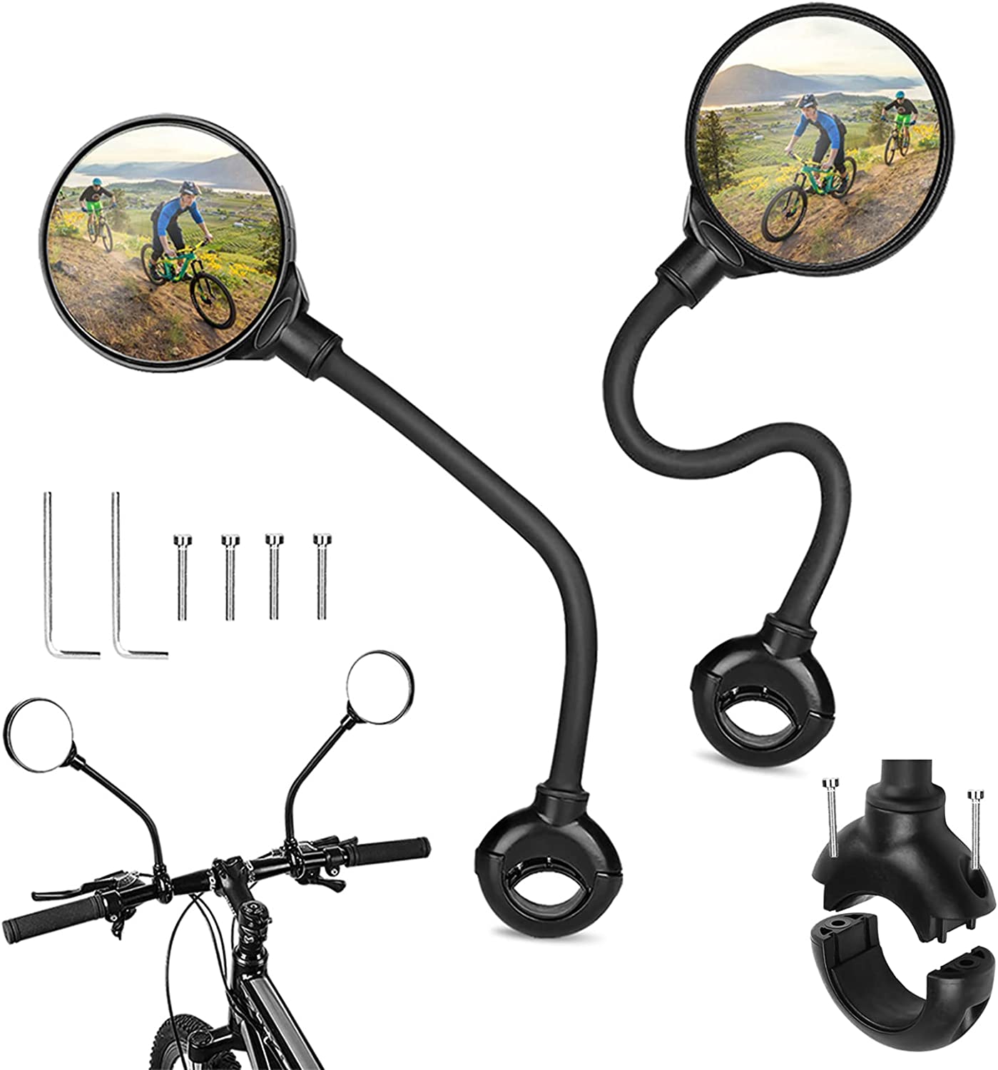 2 Pack Bicycle Rearview Mirror 360° Adjustable Bending Handlebar Bike Mirror Wide Angle Rear View Mirrors Rotatable Acrylic Convex Mirror
