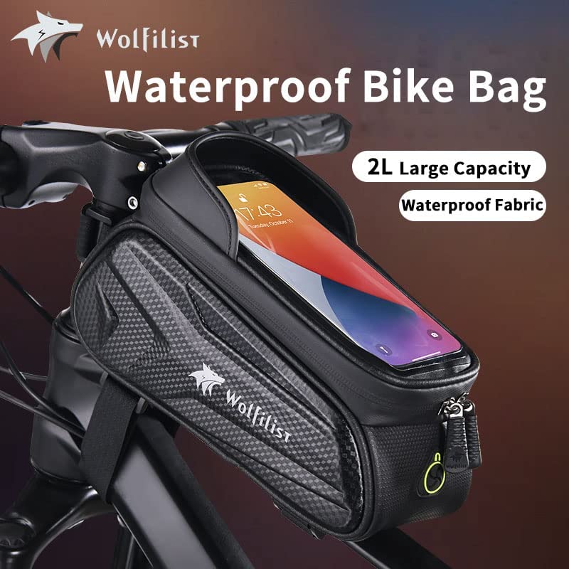 WOLFILIST Bike Bag - Waterproof Bike Frame Bag with Sun-Visor Rain Cover, Bike Phone Holder with TPU Sensitive Touch Screen
