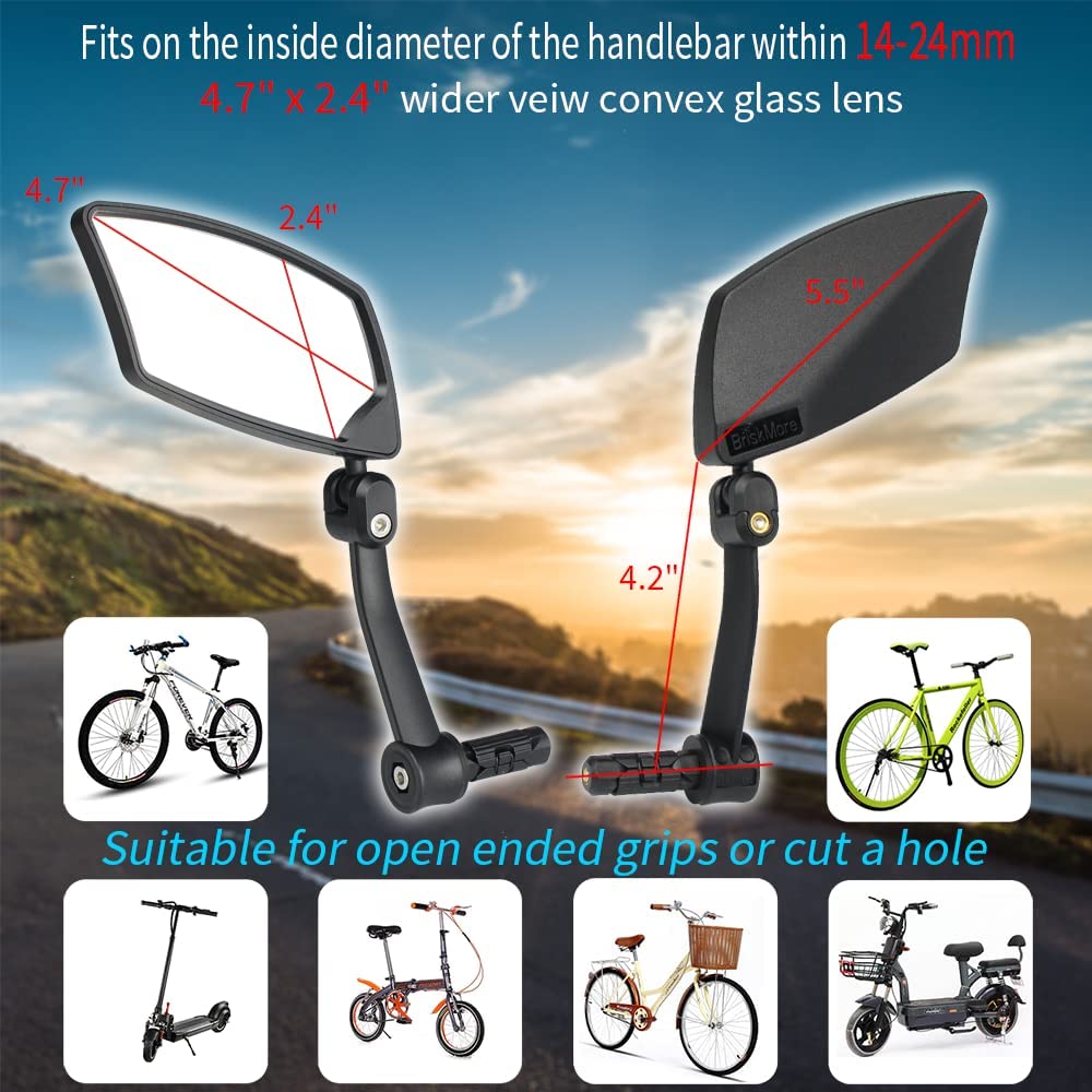 BriskMore Bar End Bike Mirror, High–Definition Convex Scratch Resistant Glass Lens E-Bike Mirror,Safe Rearview Mirror