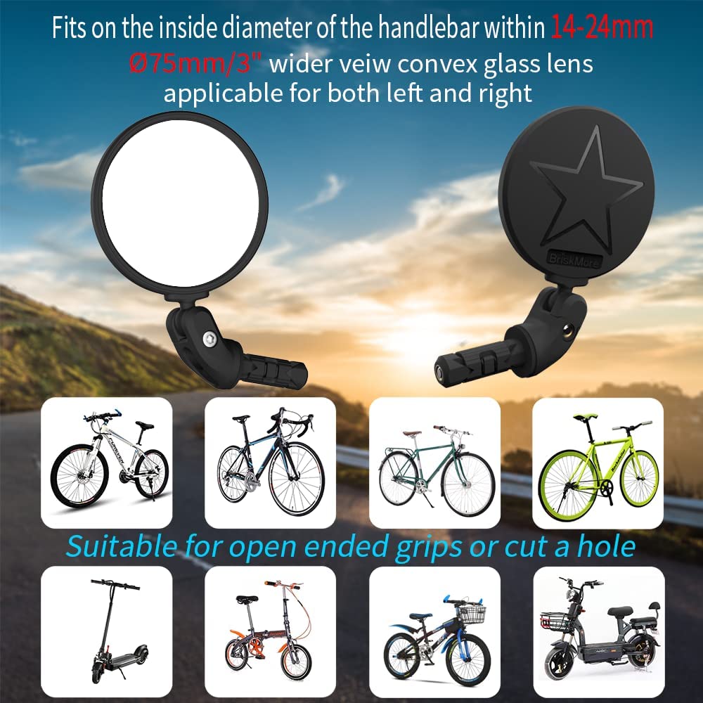 BriskMore 2PCS Bike Mirrors,Bike Bar End Mirror, HD Glass Convex Lens Bicycle Rearview Mirror