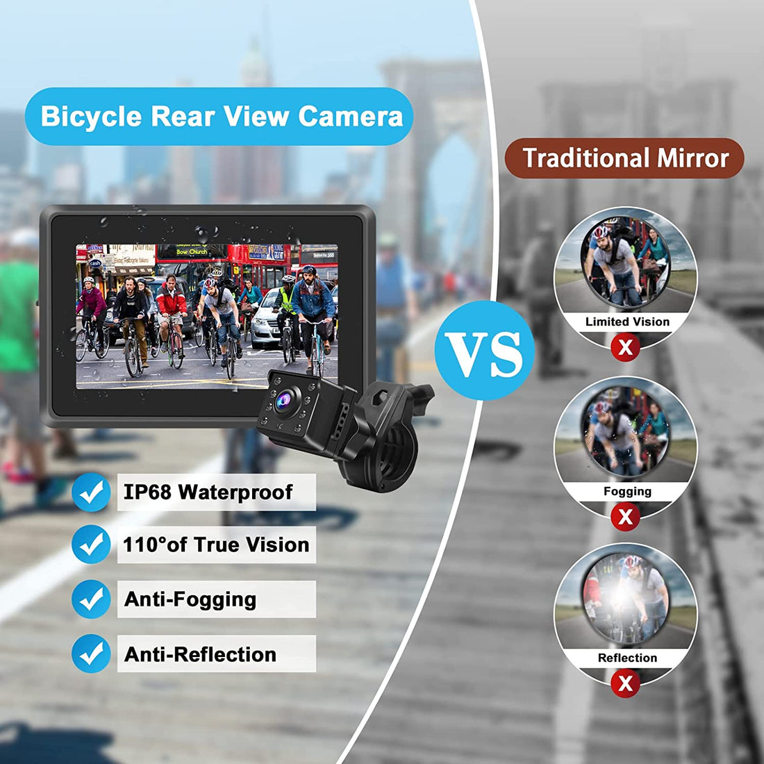 PARKVISION 1080PRear View Mirror Camera For Bicycle Handlebars with 8-LED Night Vision,110°distortion-free view With 4.3" Screen