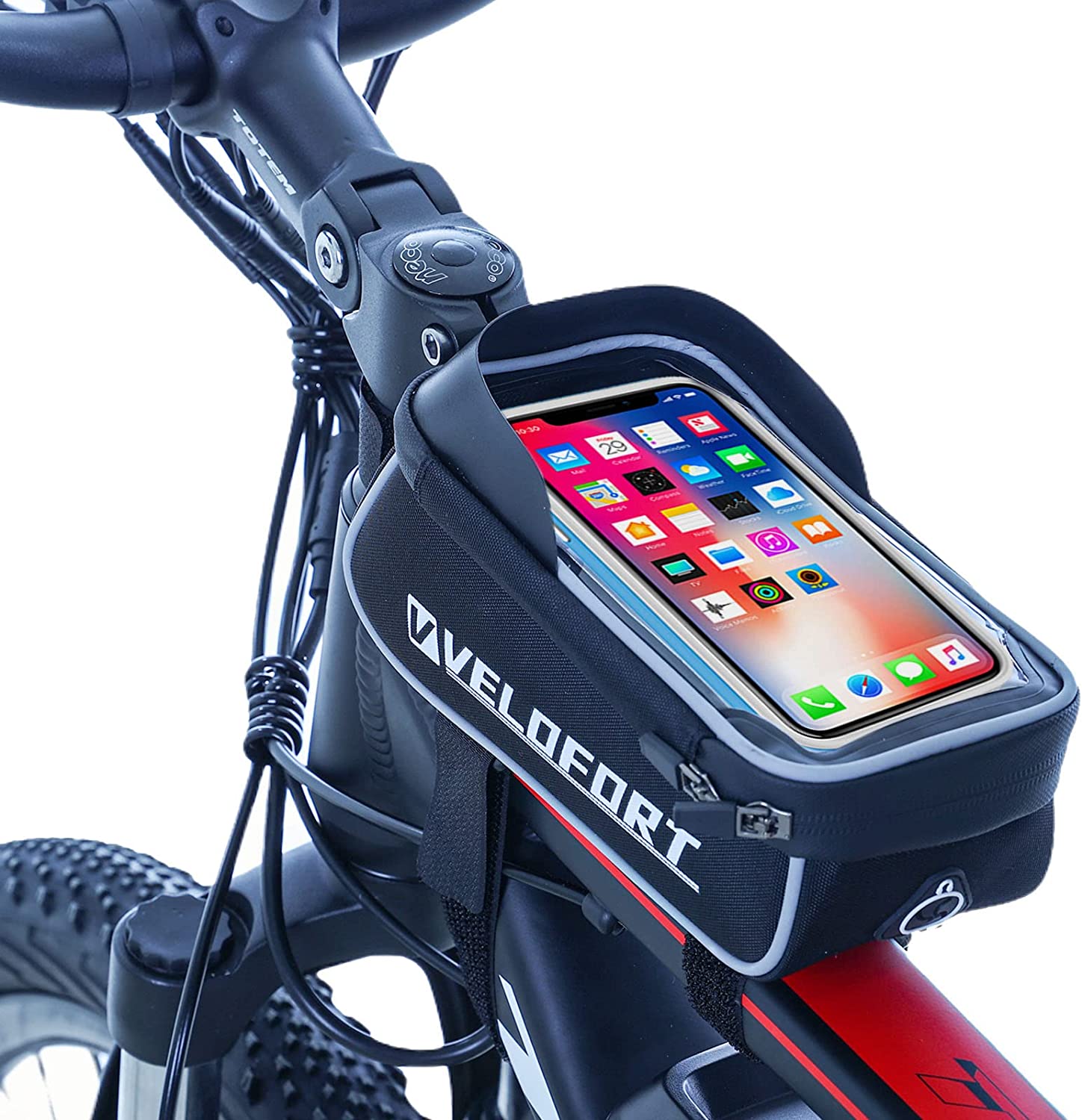 VELOFORT Bike Front Frame Bag, Waterproof Phone Bag,Bike Handlebar Bag - EVA - TPU Touch Screen with Sun Visor and Rain Cover