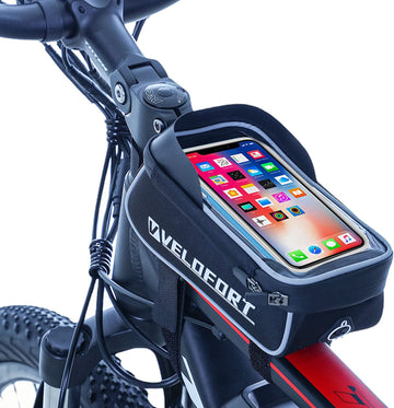 VELOFORT Bike Front Frame Bag, Waterproof Phone Bag,Bike Handlebar Bag - EVA - TPU Touch Screen with Sun Visor and Rain Cover