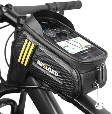 BEELORD Cycling Frame Bag with Cell Phone Holder,Top Tube Handlebar Pouch with Touch Screen and Rain Cover