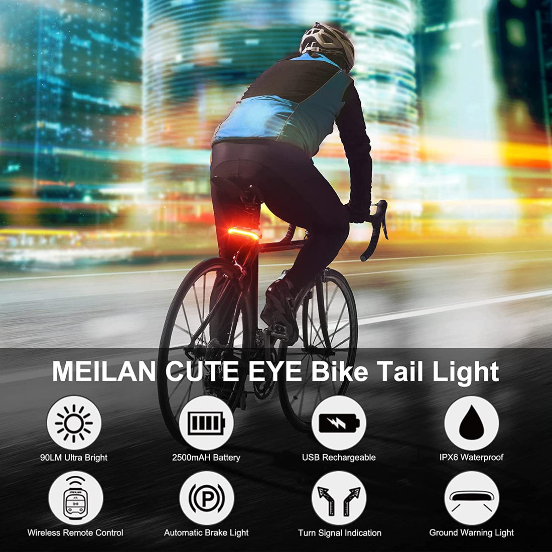 MEILAN Smart Bike Tail Light with Turn Signals and Automatic Brake Light,Remote Control Bicycle Taillight Waterproof USB Rechargeable Bike Rear Cycling Light