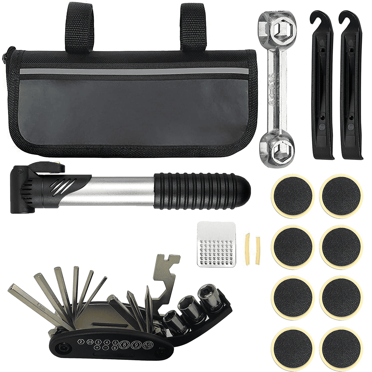 Yapicoco Bicycle Tire Repair Kit with Bike Pump Portable Rasp Patches Levers Wrench Screwdriver Pump Storage Bag