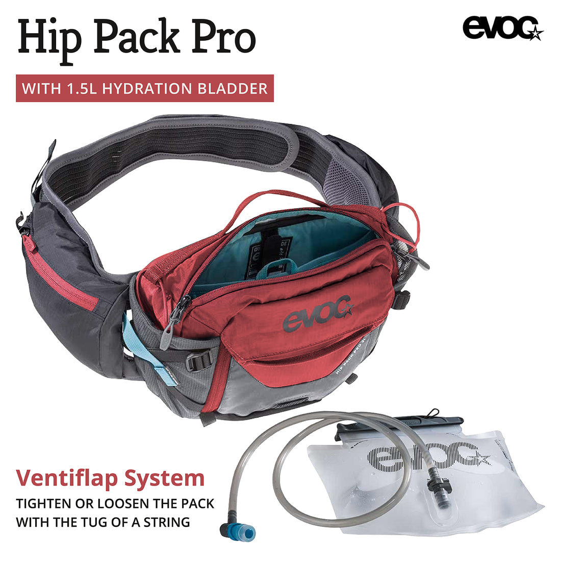 EVOC, Hip Pack Pro, Hydration Bag, Volume: 3L, Bladder: Included (1.5L), Carbon Grey/Chili Red