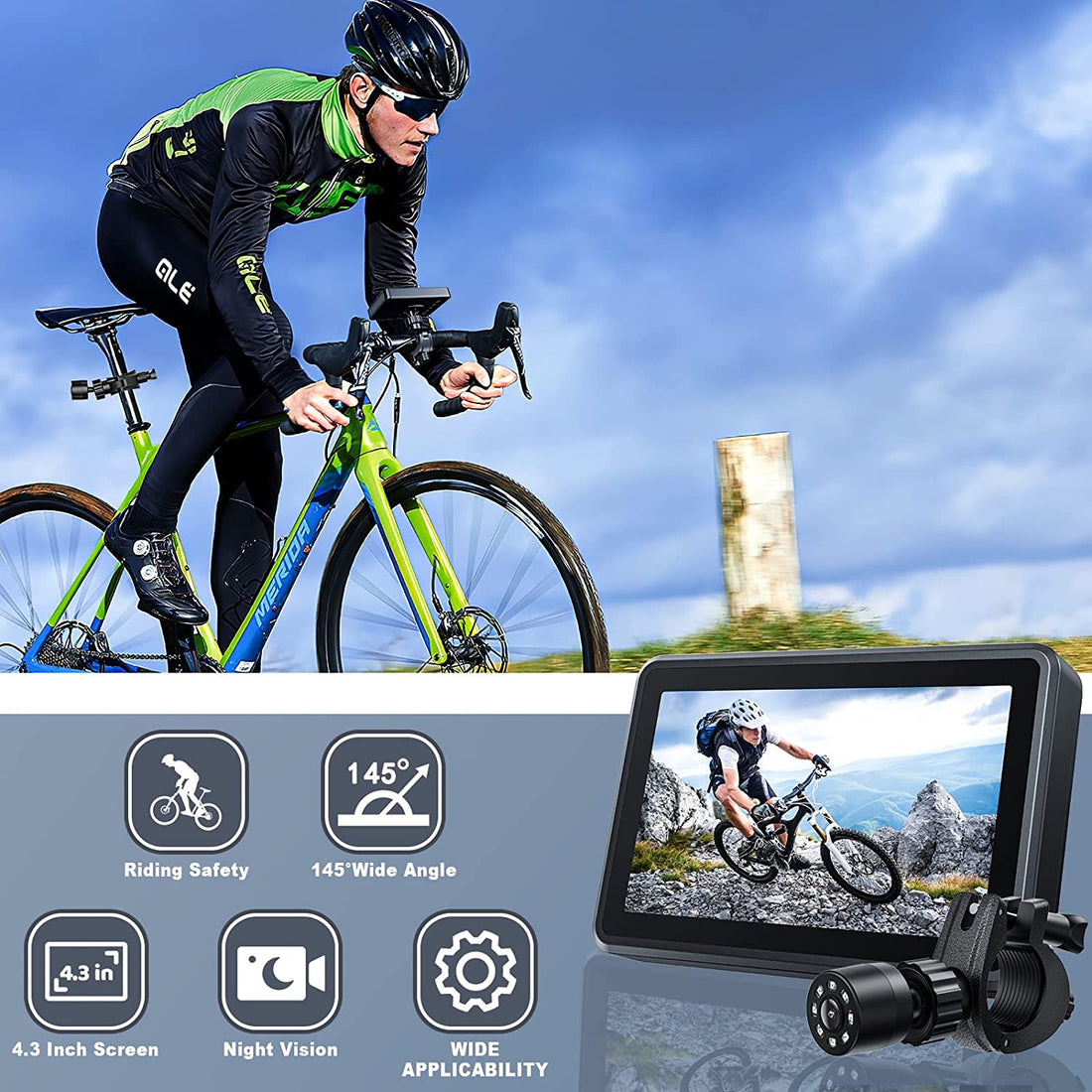 IPOZITO Bike Mirror,Bike Rear View Camera with 145° Adjustable Angle,Night Vision, 4.3 Inch Screen