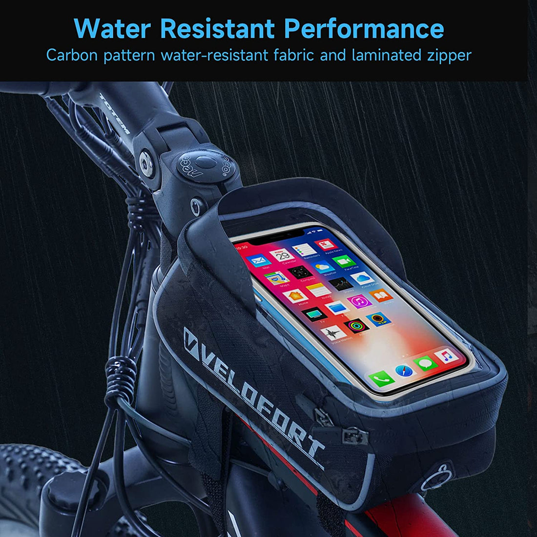 VELOFORT Bike Front Frame Bag, Waterproof Phone Bag,Bike Handlebar Bag - EVA - TPU Touch Screen with Sun Visor and Rain Cover