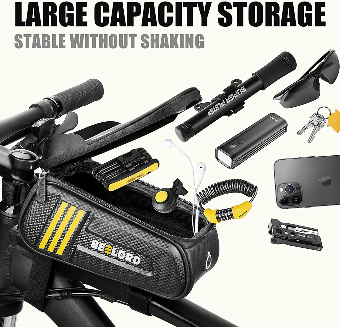 BEELORD Cycling Frame Bag with Cell Phone Holder,Top Tube Handlebar Pouch with Touch Screen and Rain Cover