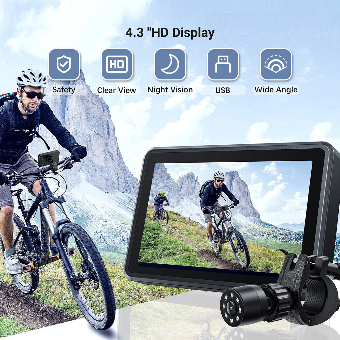 FEISIKE Handlebar Bicycle Rear View camera with 4.3'' HD Night Vision Function, 145° Wide Angle View