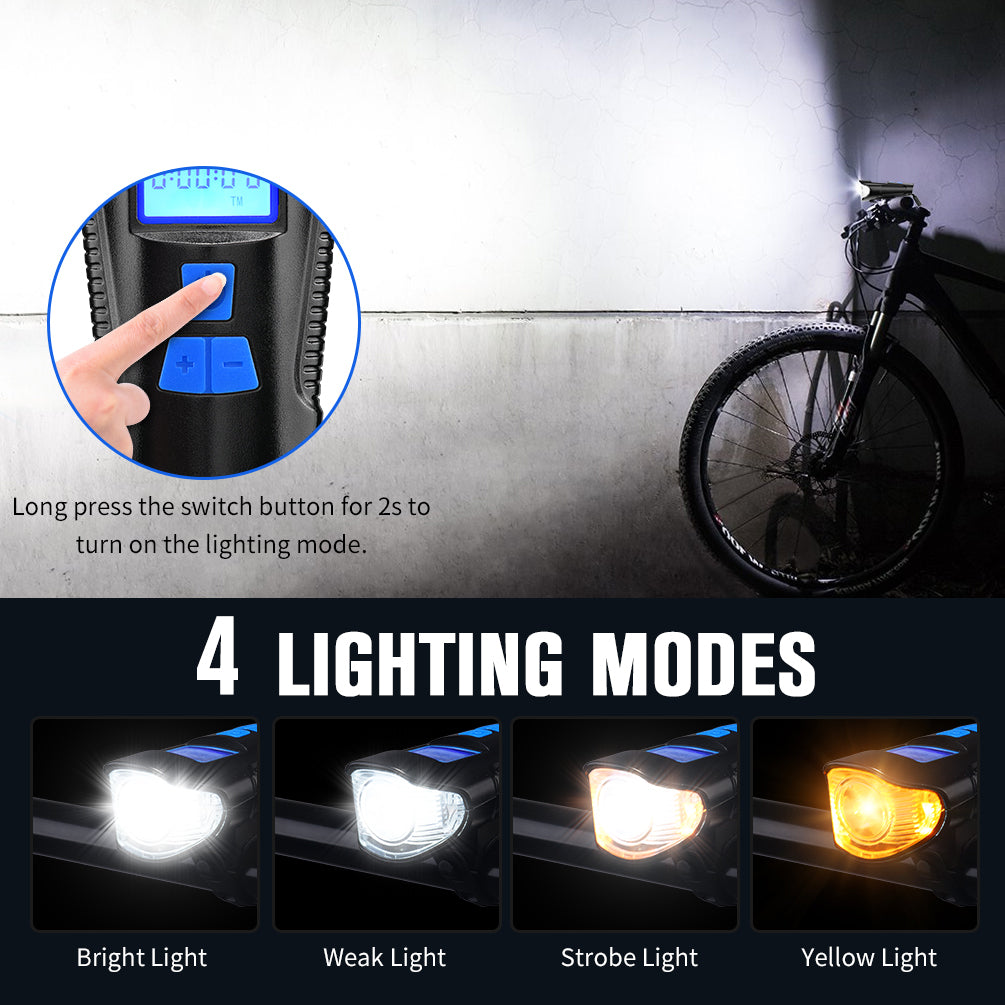 Bike Light Set Rechargeable Bike Headlight with 4 Lighting Modes - Bracket Waterproof Bicycle Front Light & Tail Light with Speedometer Odometer & Bell Controller