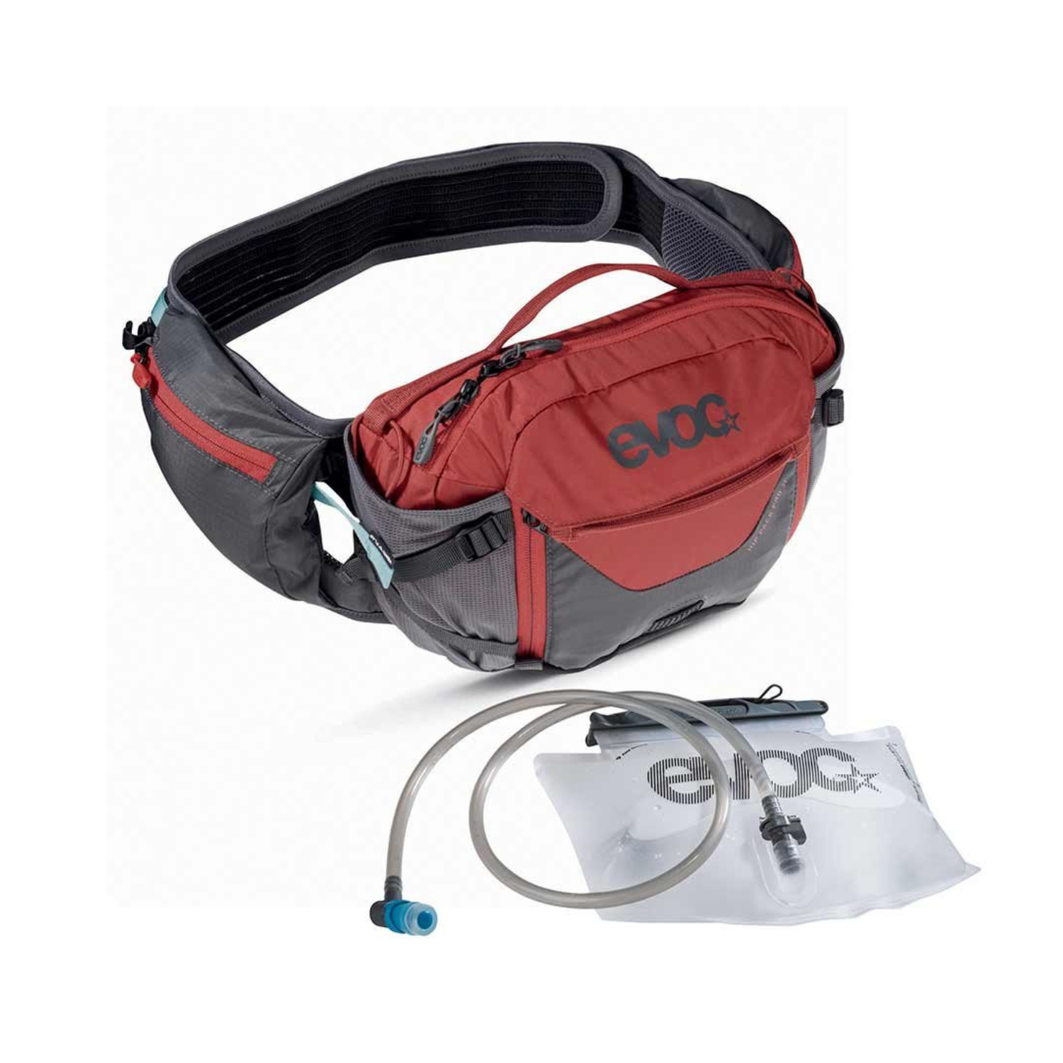 EVOC, Hip Pack Pro, Hydration Bag, Volume: 3L, Bladder: Included (1.5L), Carbon Grey/Chili Red