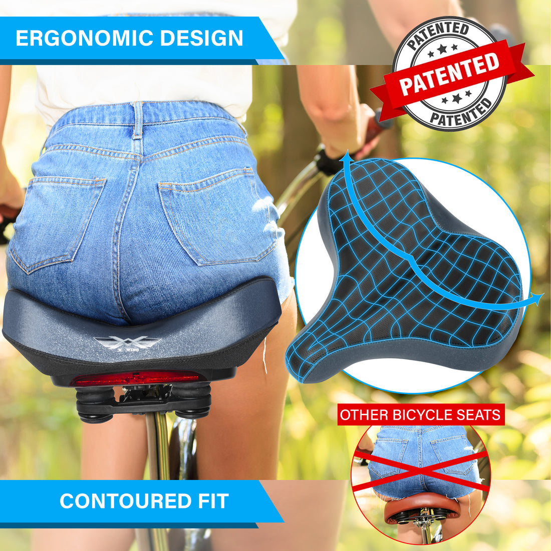 X WING Large Bike Saddle Replacement Seat for Adults | Comfortable Padded Cushion, Ergonomic Design & Reflective Safety LED Light | Fit for Electric, Stationary, Exercise Bicycles & Beach Cruisers